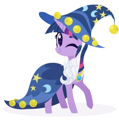 Size: 4000x4107 | Tagged: safe, artist:belka-sempai, derpibooru import, twilight sparkle, pony, unicorn, luna eclipsed, absurd resolution, clothes, costume, cute, female, hat, image, looking at you, mare, nightmare night costume, one eye closed, png, simple background, solo, star swirl the bearded costume, transparent background, twiabetes, unicorn twilight, wink, wizard hat