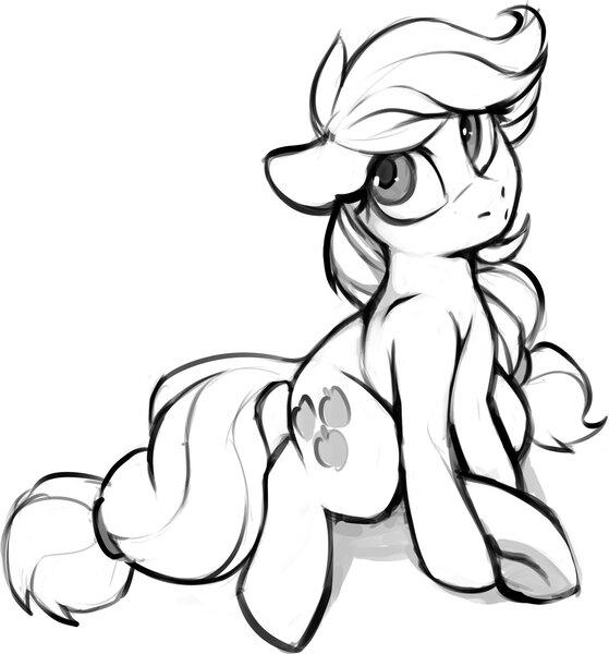 Size: 1726x1853 | Tagged: safe, artist:dimfann, derpibooru import, applejack, earth pony, pony, cute, female, grayscale, image, jackabetes, jpeg, mare, monochrome, simple background, sitting, solo, white background