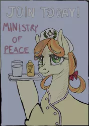 Size: 578x817 | Tagged: safe, artist:sourcherry, derpibooru import, edit, tag-a-long, earth pony, pony, fallout equestria, beverage, charity, fanfic art, female, image, jpeg, mare, medicine, ministry of peace, nurse outfit, older, photoshop, smiling, solo, thin mint