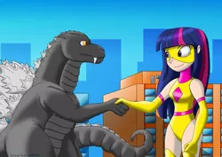 Size: 1024x724 | Tagged: safe, artist:ni-idea, derpibooru import, twilight sparkle, human, kaiju, lizard, reptile, boots, clothes, female, giantess, godzilla, godzilla (series), golden princess, handshake, humanized, image, jpeg, macro, magic gaia, shoes, superhero, thigh boots