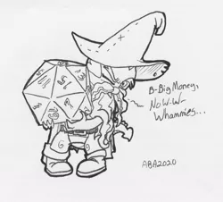 Size: 1106x1000 | Tagged: safe, artist:abronyaccount, derpibooru import, spike, dragon, black and white, d20, dice, dungeons and dragons, garbuncle, grayscale, hat, image, ink drawing, inktober, inktober 2020, jpeg, male, monochrome, ogres and oubliettes, pen and paper rpg, rpg, solo, traditional art, wizard hat