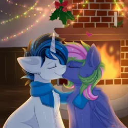 Size: 2000x2000 | Tagged: safe, artist:kianara, derpibooru import, oc, oc:lishka, oc:solar gizmo, unofficial characters only, pegasus, pony, unicorn, blushing, candle, christmas, clothes, eyes closed, female, fire, fireplace, holiday, holly, holly mistaken for mistletoe, image, jpeg, kissing, love, male, mare, scarf, shared clothing, shared scarf, stallion, string lights