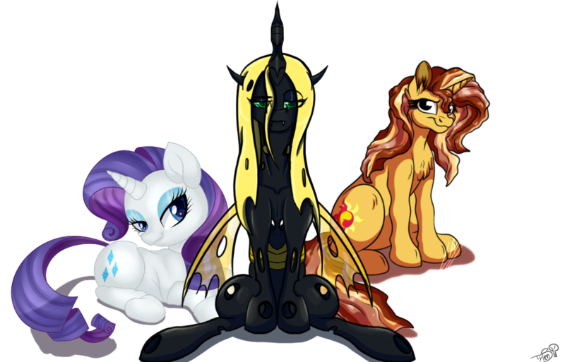 Size: 2074x1329 | Tagged: safe, artist:lupiarts, artist:missmele-madness, artist:mixdaponies, derpibooru import, queen chrysalis, rarity, sunset shimmer, changeling, changeling queen, unicorn, bacon, bacon hair, cheese, collaboration, female, food, image, marshmallow, meat, png, rarity is a marshmallow, swiss cheese, yellow changeling