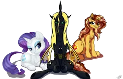 Size: 2074x1329 | Tagged: safe, artist:lupiarts, artist:missmele-madness, artist:mixdaponies, derpibooru import, queen chrysalis, rarity, sunset shimmer, changeling, changeling queen, unicorn, bacon, bacon hair, cheese, collaboration, female, food, image, marshmallow, meat, png, rarity is a marshmallow, swiss cheese, yellow changeling