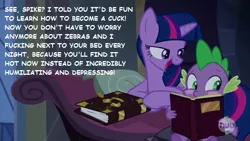 Size: 640x360 | Tagged: suggestive, derpibooru import, edit, edited screencap, screencap, spike, twilight sparkle, twilight sparkle (alicorn), alicorn, pony, castle mane-ia, journal of the two sisters, blushing, book, caption, exploitable, female, hub logo, hubble, image, image macro, journal, jpeg, lidded eyes, mare, meme, op is a duck, racism, spike blushing at a book meme, template, text, twilight's bad pickup lines