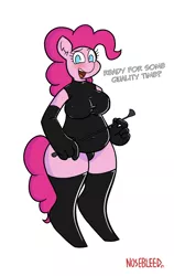 Size: 1509x2385 | Tagged: suggestive, artist:nosebleed, derpibooru import, pinkie pie, anthro, earth pony, bdsm, belly, big belly, big breasts, blushing, breasts, busty pinkie pie, chubbie pie, chubby, clothes, dialogue, dominatrix, gloves, hooves, huge breasts, image, kinkie pie, latex, latex boots, latex gloves, latex socks, latex suit, looking at you, mound of venus, muffin top, open mouth, png, riding crop, socks, solo, text, thick, thighs, thunder thighs, whip