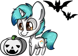 Size: 1490x1081 | Tagged: safe, derpibooru import, oc, oc:snowy blue, unofficial characters only, bat, pony, unicorn, bats!, chest fluff, cute, image, male, ocbetes, png, pumpkin, simple background, solo, stallion, transparent background, white fur