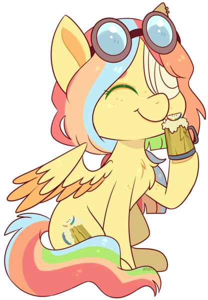 Size: 1581x2283 | Tagged: safe, artist:jetjetj, derpibooru import, part of a set, oc, oc:zapple cider, unofficial characters only, pegasus, pony, chibi, cider, commission, cute, eyes closed, female, goggles, image, mare, png, simple background, sitting, smiling, solo, transparent background, two toned wings, wings, ych result