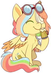 Size: 1581x2283 | Tagged: safe, artist:jetjetj, derpibooru import, part of a set, oc, oc:zapple cider, unofficial characters only, pegasus, pony, chibi, cider, commission, cute, eyes closed, female, goggles, image, mare, png, simple background, sitting, smiling, solo, transparent background, two toned wings, wings, ych result