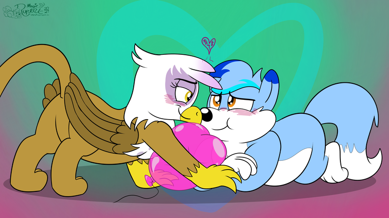 Size: 3840x2160 | Tagged: safe, artist:rupertbluefox, derpibooru import, gilda, oc, oc:rupert the blue fox, fox, gryphon, balloon, blushing, butt, canon x oc, cute, female, gildadorable, heart, heart eyes, hearts and hooves day, holiday, image, looking at each other, lying down, male, ocbetes, plot, png, prone, rupertbetes, shipping, smiling, that pony sure does love balloons, valentine's day, wingding eyes