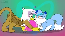 Size: 3840x2160 | Tagged: safe, artist:rupertbluefox, derpibooru import, gilda, oc, oc:rupert the blue fox, fox, gryphon, balloon, blushing, butt, canon x oc, cute, female, gildadorable, heart, heart eyes, hearts and hooves day, holiday, image, looking at each other, lying down, male, ocbetes, plot, png, prone, rupertbetes, shipping, smiling, that pony sure does love balloons, valentine's day, wingding eyes