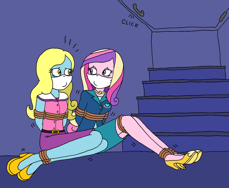 Size: 1719x1411 | Tagged: safe, artist:bugssonicx, derpibooru import, princess cadance, oc, oc:shine, equestria girls, ankle tied, arm behind back, basement, bondage, bound and gagged, cloth gag, clothes, gag, image, looking at each other, otn gag, over the nose gag, png, secret room, shoes, struggling, tied up