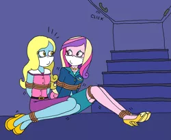 Size: 1719x1411 | Tagged: safe, artist:bugssonicx, derpibooru import, princess cadance, oc, oc:shine, equestria girls, ankle tied, arm behind back, basement, bondage, bound and gagged, cloth gag, clothes, gag, image, looking at each other, otn gag, over the nose gag, png, secret room, shoes, struggling, tied up