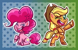 Size: 1050x678 | Tagged: safe, artist:binkyt11, derpibooru import, applejack, pinkie pie, earth pony, pony, my little pony: pony life, applejack's hat, cowboy hat, cute, duo, female, gradient background, hat, image, laughing, mare, png, polka dot background, rearing, unshorn fetlocks