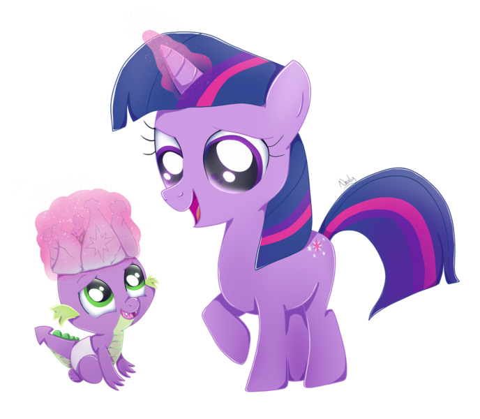Size: 1024x893 | Tagged: safe, artist:nnaly, derpibooru import, spike, twilight sparkle, dragon, pony, unicorn, sparkle's seven, baby, baby spike, crown, cute, diaper, female, filly, filly twilight sparkle, hard-won helm of the sibling supreme, image, jewelry, magic, male, png, regalia, simple background, spikabetes, telekinesis, transparent background, twiabetes, unicorn twilight, younger