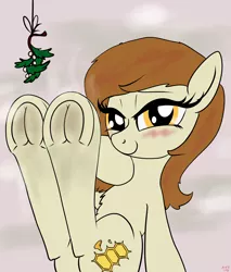 Size: 3400x4000 | Tagged: suggestive, artist:littlenaughtypony, derpibooru import, oc, oc:plumb honey, fetish, frog (hoof), hoof fetish, image, jpeg, looking at you, mistleholly, smelly, smelly hooves, smiling, solo, stinky hooves, sweat, underhoof