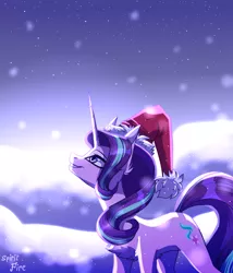 Size: 3000x3500 | Tagged: safe, artist:spirit-fire360, derpibooru import, starlight glimmer, pony, unicorn, chest fluff, christmas, hat, holiday, horn, image, long horn, png, santa hat, smiling, snow, snowfall, solo