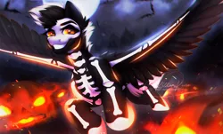 Size: 1392x838 | Tagged: safe, artist:dolorosacake, derpibooru import, pumpkin smoke, oc, pegasus, pony, skeleton pony, bats!, bone, commission, community related, halloween, holiday, hooves, image, png, pumpkin, skeleton, solo