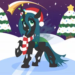 Size: 2048x2048 | Tagged: safe, artist:partylikeanartist, derpibooru import, queen chrysalis, changeling, changeling queen, pony, absurd resolution, christmas, christmas changeling, christmas lights, christmas tree, clothes, cute, cutealis, eye clipping through hair, eyebrows, eyebrows visible through hair, female, frozen, hat, high res, holiday, ice, image, jpeg, night, santa hat, scarf, shooting star, snow, solo, tree
