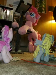Size: 3024x4032 | Tagged: safe, artist:lanacraft, derpibooru import, photographer:crescent star, derpy hooves, pinkie pie, earth pony, bubble berry, chips, food, image, irl, jpeg, male, money, photo, plushie, pole dancing, potato chips, rule 63, stripper pole