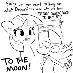 Size: 3000x3000 | Tagged: safe, artist:tjpones, derpibooru import, spike, twilight sparkle, dragon, pony, unicorn, bitcoin, black and white, cryptocurrency, current events, dialogue, dogecoin, duo, female, grayscale, image, lineart, mare, monochrome, mortgage, png, scroll, simple background, to the moon, unicorn twilight, white background