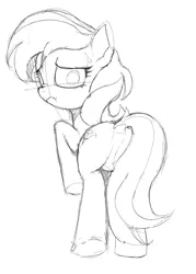 Size: 839x1171 | Tagged: suggestive, artist:ponerino, derpibooru import, agua fresca, lily peel, earth pony, pony, almond joy, digital art, featureless crotch, female, from behind, image, looking back, mare, png, sketch, solo, solo female