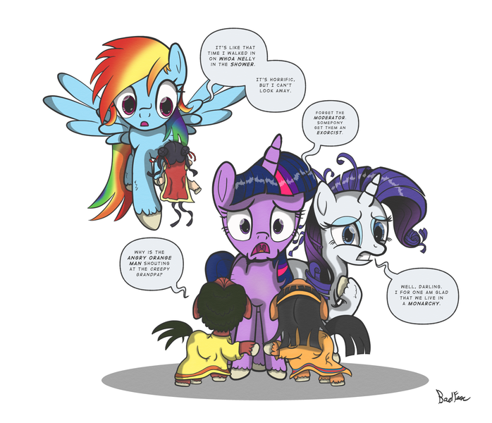 Size: 1582x1360 | Tagged: safe, artist:perfectblue97, derpibooru import, rainbow dash, rarity, twilight sparkle, pegasus, pony, unicorn, female, filly, image, mare, messy mane, mouthpiece, open mouth, png, politics, propaganda, speech bubble, unicorn twilight