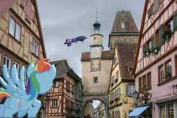 Size: 600x400 | Tagged: safe, derpibooru import, edit, vector edit, mare do well, rainbow dash, pegasus, pony, chase, germany, image, irl, jpeg, leaping, photo, ponies in real life, rothenburg ob der tauber, vector, village