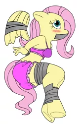 Size: 1172x1782 | Tagged: suggestive, alternate version, artist:limpurtikles, derpibooru import, fluttershy, anthro, arm behind back, ass, bloomers, blushing, bondage, bound wings, bra, bralette, breasts, butt, clothes, embarrassed, female, frilly underwear, gag, grayscale, image, monochrome, panties, png, purple underwear, solo, solo female, tape, tape bondage, tape gag, underwear, wings