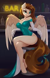 Size: 2000x3097 | Tagged: suggestive, artist:u_lu_lu, derpibooru import, oc, oc:amora bunny, unofficial characters only, anthro, pegasus, unguligrade anthro, bar, bar stool, beautiful, beautisexy, breasts, butt, classy, cleavage, clothes, colored wings, colored wingtips, crossed legs, dress, ear fluff, elegant, evening gloves, eyelashes, eyeshadow, female, gloves, highlights, hooves, image, indoors, leg focus, legs, long gloves, looking at you, makeup, pegasus oc, png, pose, schrödinger's pantsu, sexy, shoulderless, side slit, sitting, smiling, solo, spread wings, thighs, tight clothing, total sideslit, vacuum sealed clothing, wing fluff, wings