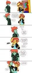 Size: 2978x6788 | Tagged: safe, artist:sodaska, derpibooru import, sunset shimmer, oc, oc:ruby sword, equestria girls, canon x oc, chuckle, clothes, cuddling, embrace, female, flirting, frown, green lantern, hug, image, imminent kissing, looking at each other, male, nose pinch, png, raised eyebrow, shirt, shrug, sigh, straight, sunsword, superman, t-shirt, the flash, wardrobe