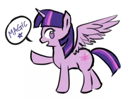 Size: 330x260 | Tagged: safe, artist:ujey02, derpibooru import, twilight sparkle, twilight sparkle (alicorn), alicorn, pony, dialogue, female, image, magic, mare, no pupils, open mouth, png, profile, simple background, solo, speech bubble, spread wings, white background, wings