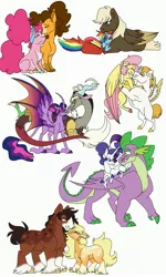 Size: 2297x3831 | Tagged: safe, artist:dodiejinx, derpibooru import, applejack, bulk biceps, cheese sandwich, discord, dumbbell, fluttershy, pinkie pie, rainbow dash, rarity, spike, trouble shoes, twilight sparkle, twilight sparkle (alicorn), alicorn, draconequus, dragon, earth pony, pegasus, pony, unicorn, adult, adult spike, cheesepie, discolight, dumbdash, female, flutterbulk, image, jpeg, male, mare, missing cutie mark, older, older spike, shipping, simple background, sparity, stallion, straight, troublejack, white background, winged spike