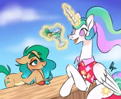 Size: 779x637 | Tagged: safe, artist:polymercorgi, derpibooru import, princess celestia, oc, oc:beach grass, earth pony, pony, clothes, cocktail, hawaiian shirt, image, magic, male, no pupils, png, ponytail, shirt, stallion, telekinesis