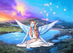 Size: 900x654 | Tagged: safe, artist:ladykraken, derpibooru import, rainbow dash, human, aquarius, clothes, constellation, dress, elf ears, female, humanized, image, jpeg, pony coloring, solo, water, winged humanization, wings