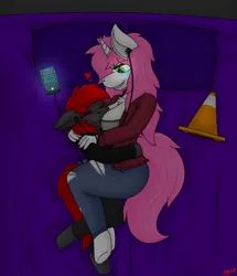 Size: 3216x3746 | Tagged: suggestive, artist:ryanthecone, derpibooru import, oc, oc:bubblegum kiss, oc:ryanthecone, anthro, earth pony, unicorn, bed, breasts, cuddling, earbuds, image, on bed, png, size difference, snuggling, traffic cone