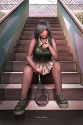 Size: 1280x1920 | Tagged: safe, artist:rosinyam, derpibooru import, marble pie, human, clothes, commission, cutie mark, cutie mark on clothes, female, humanized, image, jpeg, sitting, solo, sports, stairs, tennis, tennis ball, tennis racket, tennis shoes