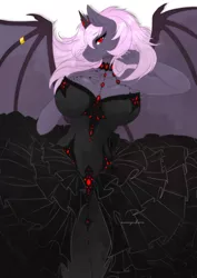 Size: 2480x3508 | Tagged: safe, artist:ameryukira, derpibooru import, oc, oc:sak, anthro, bat pony, vampire, vampony, adorasexy, bat pony oc, bat wings, big breasts, breasts, clothes, cute, dress, goth, gothic, image, jewelry, looking at you, lying down, png, sexy, tiara, wing ring, wings