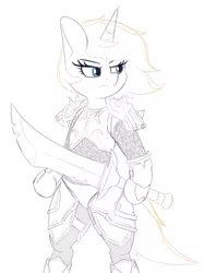 Size: 682x911 | Tagged: safe, artist:andelai, derpibooru import, oc, oc:celice, semi-anthro, unicorn, arm hooves, armor, bipedal, fantasy class, female, image, png, solo, sword, warcraft, warrior, weapon, world of warcraft