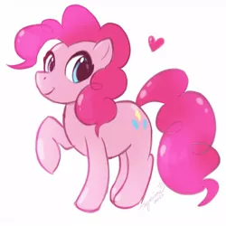 Size: 1280x1280 | Tagged: safe, artist:tayarinne, derpibooru import, pinkie pie, earth pony, pony, cute, diapinkes, female, heart, image, jpeg, looking at you, mare, raised leg, simple background, smiling, solo, white background