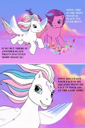 Size: 640x964 | Tagged: suggestive, derpibooru import, edit, edited screencap, screencap, skywishes, star catcher, butterfly, earth pony, insect, pegasus, pony, dancing in the clouds, female, flying, g3, image, jpeg, lidded eyes, looking at each other, mare, smiling, talking, wind, windswept mane