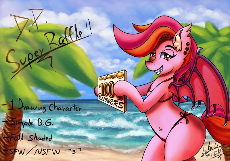 Size: 2000x1400 | Tagged: suggestive, artist:draconightmarenight, derpibooru import, oc, bat pony, pony, announcement, bat pony oc, bat wings, beach, bikini, bikini top, clothes, image, jpeg, palm tree, raffle, sand, solo, swimsuit, tree, wings