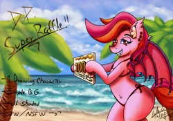 Size: 2000x1400 | Tagged: suggestive, artist:draconightmarenight, derpibooru import, oc, bat pony, pony, announcement, bat pony oc, bat wings, beach, bikini, bikini top, clothes, image, jpeg, palm tree, raffle, sand, solo, swimsuit, tree, wings