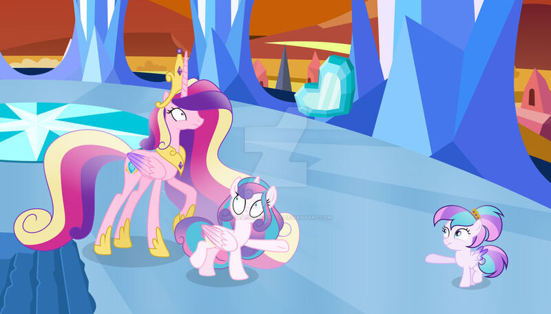 Size: 1024x584 | Tagged: safe, artist:velveagicsentryyt, derpibooru import, princess cadance, princess flurry heart, oc, oc:chryssa, pony, base used, crystal heart, deviantart watermark, female, filly, filly flurry heart, image, jpeg, obtrusive watermark, offspring, older, older flurry heart, parent:princess cadance, parent:shining armor, parents:shiningcadance, ultimate cadance, watermark