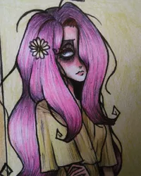 Size: 1080x1350 | Tagged: safe, alternate version, artist:sra_pinheiro_666, derpibooru import, fluttershy, human, bust, clothes, female, flower, flower in hair, humanized, image, jpeg, makeup, solo, traditional art