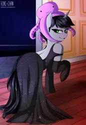 Size: 1306x1900 | Tagged: safe, artist:rinikka, derpibooru import, oc, oc:hatter, unofficial characters only, octopus, pony, unicorn, clothes, crossdressing, derpibooru exclusive, dress, femboy, hat, image, lipstick, majestic as fuck, male, night, night sky, plushie, png, seductive, serious hat, sky, socks, stallion, stars, tentacles, trap