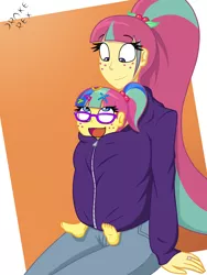 Size: 1500x2000 | Tagged: safe, artist:drake-rex, derpibooru import, sour sweet, oc, oc:citrus flare, oc:sparks, equestria girls, barefoot, clothes, commission, feet, female, freckles, glasses, hoodie, image, jewelry, momma sour sweet, mother and child, mother and daughter, offspring, parent:oc:sparks, parent:sour sweet, parents:canon x oc, parents:sourks, png, ring, shared clothing, sourks, wedding ring