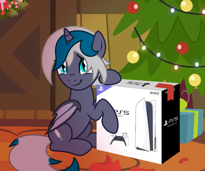 Size: 2500x2083 | Tagged: safe, alternate version, artist:oyks, derpibooru import, oc, oc:elizabat stormfeather, unofficial characters only, alicorn, bat pony, bat pony alicorn, pony, alicorn oc, bat pony oc, bat wings, box, christmas, christmas lights, christmas tree, christmas wreath, commission, console, controller, cute, female, holiday, horn, image, mare, ocbetes, playstation 5, png, present, raised hoof, sitting, solo, tree, wings, wreath, ych example, ych result, your character here