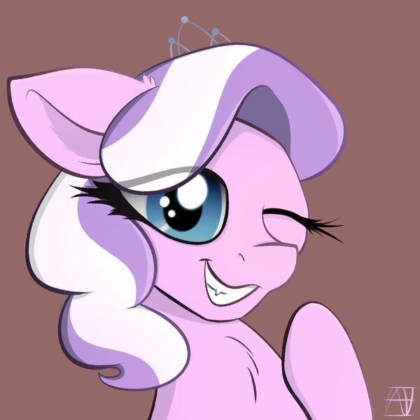 Size: 1428x1428 | Tagged: safe, artist:naen, derpibooru import, diamond tiara, earth pony, pony, cute, diamondbetes, female, filly, image, jpeg, one eye closed, simple background, solo, wink