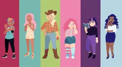 Size: 1280x712 | Tagged: safe, artist:mojothebrojo, derpibooru import, applejack, fluttershy, pinkie pie, rainbow dash, rarity, twilight sparkle, human, apple, book, boots, bracelet, clothes, converse, dark skin, ear piercing, earring, food, happy birthday mlp:fim, high heels, hoodie, humanized, image, jeans, jewelry, jpeg, mane six, mlp fim's tenth anniversary, nail polish, necklace, pants, piercing, rainbow, sandals, shoes, short hair, short hair rainbow dash, shorts, sneakers, socks, sports bra, suspenders, sweater, tattoo, toenail polish, turtleneck